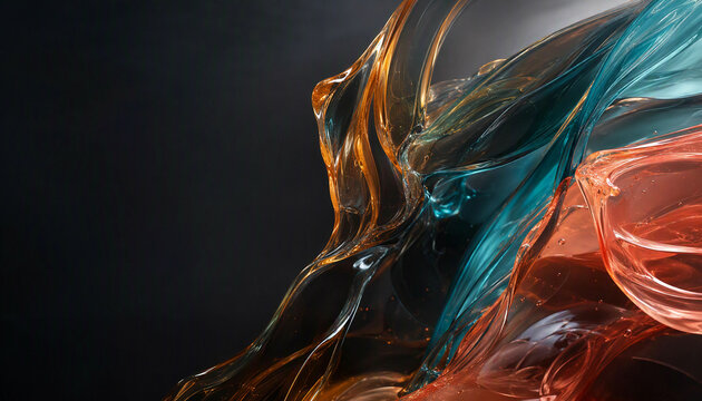 Translucent Amber Teal and Coral Liquid Ribbons Flowing Around Dark Copy Space Abstract Background