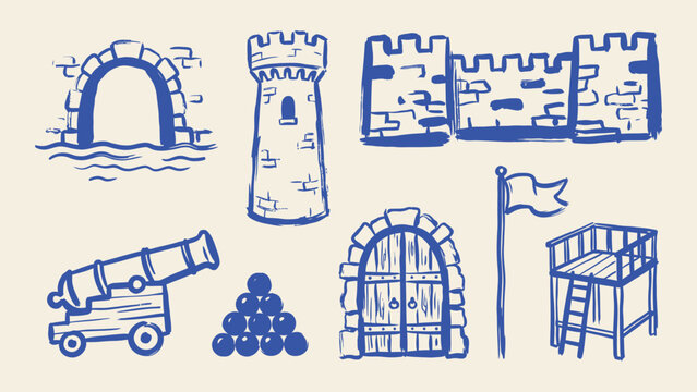 Medieval fortress and castle elements illustration set with stone tower, wall, cannon, cannonballs, and wooden gate