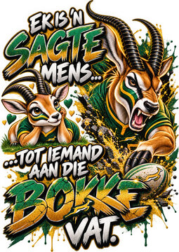 Funny Afrikaans Springbok rugby fan with cute and aggressive springboks