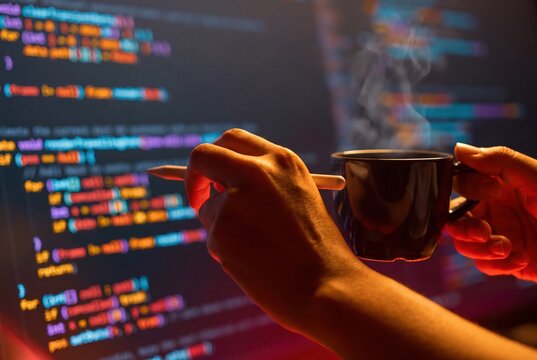 Programming code, software developer working with steaming coffee cup and laptop screen, IT technology background