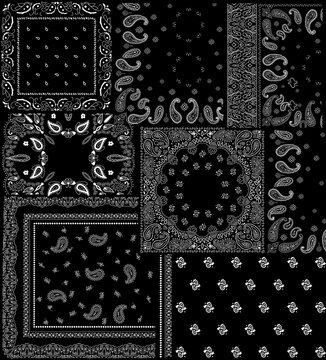 Seamless paisley bandana patchwork pattern in black and white