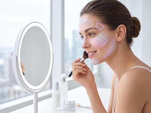 Woman looking in smart mirror projecting glowing digital makeup application grid on face