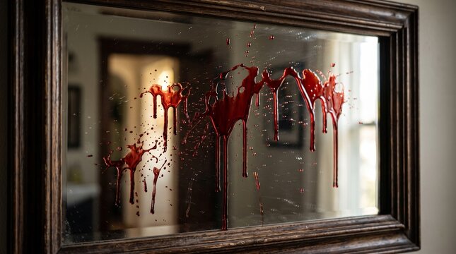 Fake blood splatters on a mirror, Blood splatters on old mirror in dim hallway of vintage house  