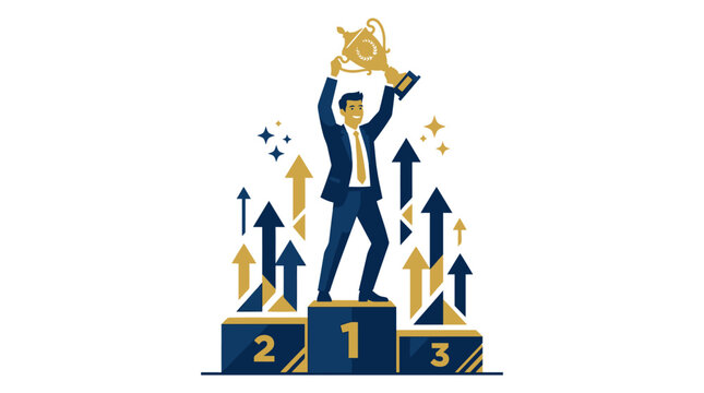 Successful businessman standing on podium holding trophy with rising growth arrows concept illustration.