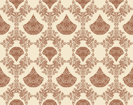 Vintage floral damask pattern with ornate fanshaped motifs