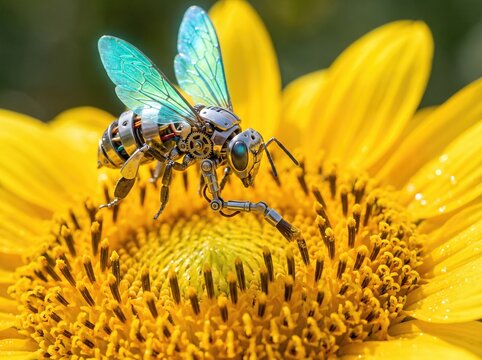 Tiny detailed metallic robotic bee pollinating bright yellow sunflower