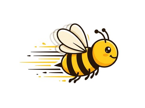 Cute cartoon bee flying fast with motion blur effect, vector illustration of a happy honeybee