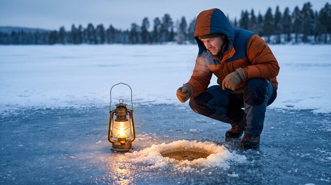 Lantern illuminating ice fishing hole, Young man ice fishing with lantern on frozen lake at winter twilight  