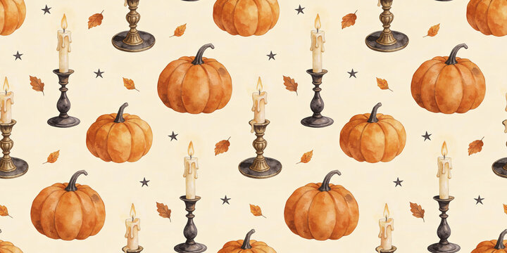 Watercolor Halloween seamless pattern with pumpkins and tall candles. Spooky holiday background with vintage candlesticks