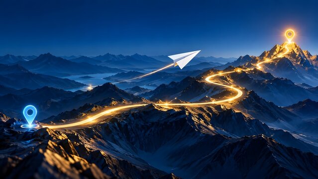 Paper airplane flying from a blue location pin along a glowing winding mountain path toward a golden summit marker, representing strategic roadmap