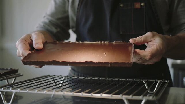 Lowering tart sheet after baking, aproned baker placing onto wire rack to cool under pendant lamp