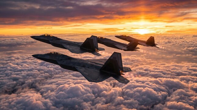 Four stealth military fighter jets flying in formation above clouds at golden sunset