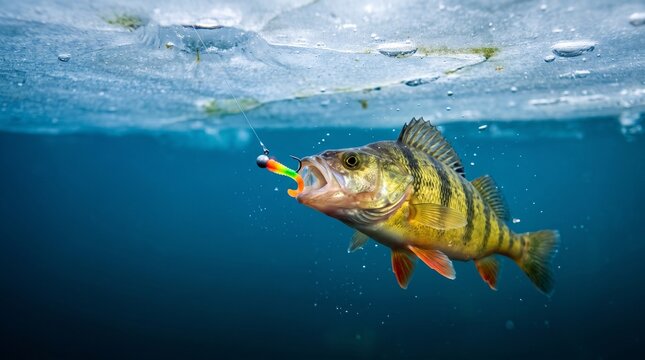 Fish biting on an ice fishing line, Perch fish caught on hook under ice during winter fishing  