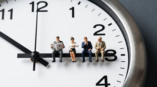 Miniature business people figures sitting on clock hand waiting for deadline and managing time