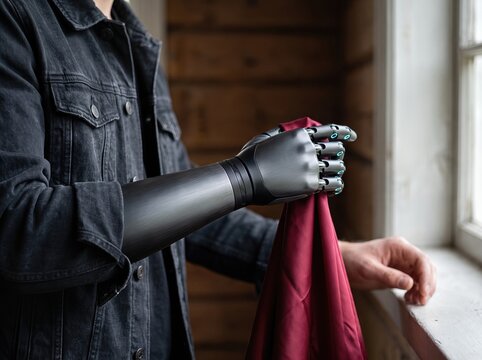 Person with black bionic prosthetic arm touching red silk with glowing sensors