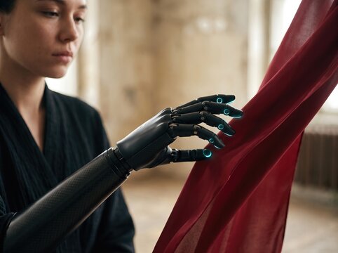 Person with black bionic prosthetic arm touching red silk with glowing sensors