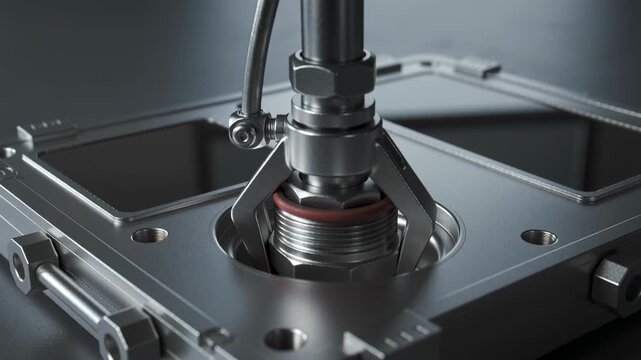 Descending after signal, nozzle gripping insert at bench, seating and compressing red O-ring