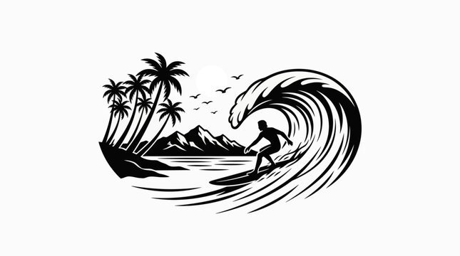 Black and white vector illustration of a surfer riding a large ocean wave.