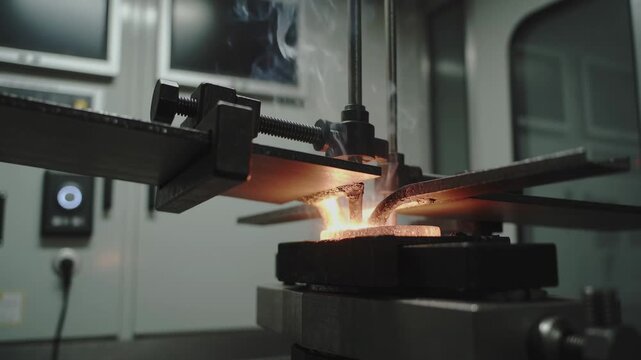 Powering clamped metal specimen in cabinet, electrode arcing, sparks and smoke rising for testing