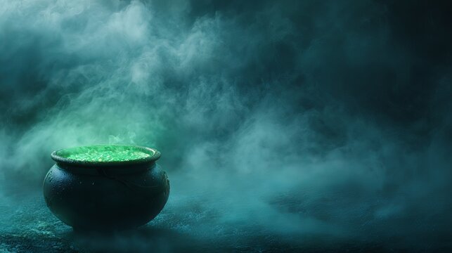 Glowing green magic cauldron bubbling with potent witches potion emitting thick atmospheric teal smoke inside dark spooky room