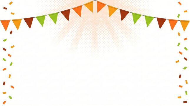 Colorful festive bunting flags and confetti on a clean white background, perfect for celebrations and party designs.