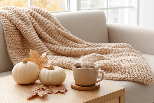 Two white pumpkins and steaming mug on wooden table autumn home