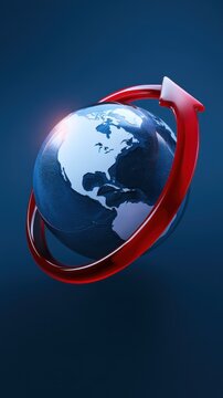 Globe Earth Red Arrow Rotation Blue Background planet world globe with arrow