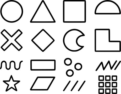 The image showcases a diverse array of geometric shapes arranged in an orderly fashion against a stark black background
