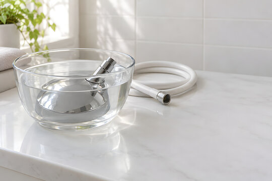 Detached shower head soaking in a glass bowl to remove limescale
