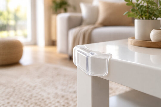Clear silicone corner guard on the edge of a white coffee table