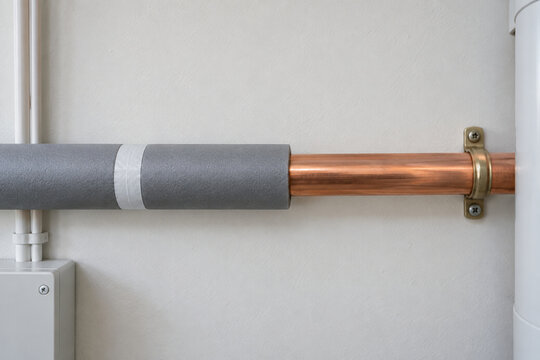 Copper water pipe half covered with a smooth insulation sleeve