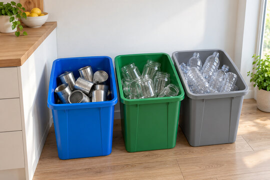 Rinsed cans, glass jars and plastic bottles sorted into three bins