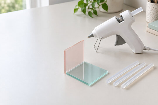 Hot glue gun beside glue sticks and two joined acrylic pieces