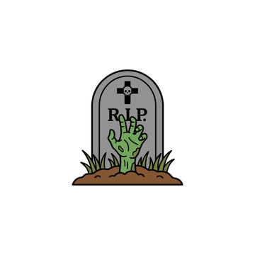 Green zombie hand emerging in front of a tombstone icon. Spooky graveyard graphic icon element.
