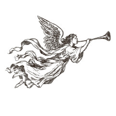 Fototapeta premium Flying Christmas angel blowing a trumpet. Vintage biblical illustration of a heavenly messenger announcing the birth of Jesus, isolated on white background