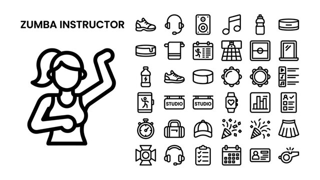 Zumba Instructor Icons: A collection of stylized icons representing a Zumba instructor and various related fitness and class elements, such as music, equipment, and active wear, presented in a clean.