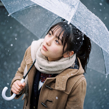 雪が降る中、ビニール傘を差して空を見上げる制服姿の女子高生