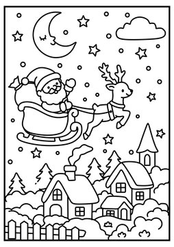Christmas coloring page with Santa Claus flying in sleigh pulled by reindeer over snowy village at night. Black and white line art printable on standard paper format for kids holiday activities.