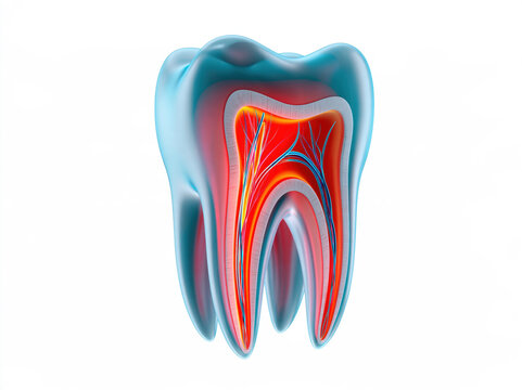 Human tooth cross section medical illustration showing pulp cavity enamel dentin root canal nerve vessel anatomy detail isolated white background