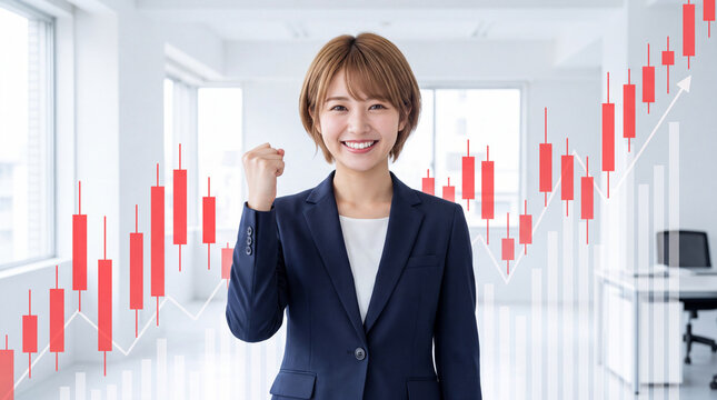上昇する株価チャートを背景にガッツポーズで喜ぶビジネスウーマン