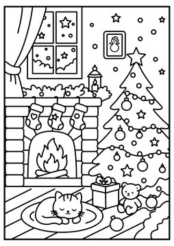 Christmas coloring page with cozy fireplace, decorated tree and gifts. Sleeping cat, teddy bear in winter room. Black and white line art printable on standard paper format for kids holiday activities.