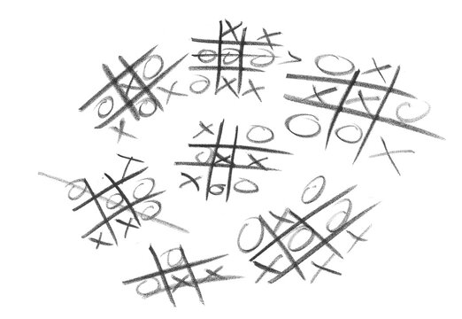 Hand drawn black chalk tic tac toe game set isolated on white background