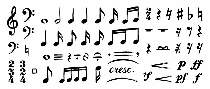 Musical notation symbols and signs. Sheet music icons and musical terminology. Treble clef, bass clef, notes, rests, crescendo, decrescendo, sharps, flats, natural, eighth notes, sixteenth notes.