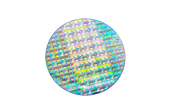 Silicon wafer for manufacturing semiconductor of integrated circuit.Electronic circuit designs built onto the wafers using micromaching including photolithography,isolated on white background