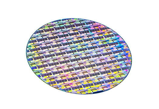 Silicon wafer for manufacturing semiconductor of integrated circuit.Electronic circuit designs built onto the wafers using micromaching including photolithography,isolated on white background