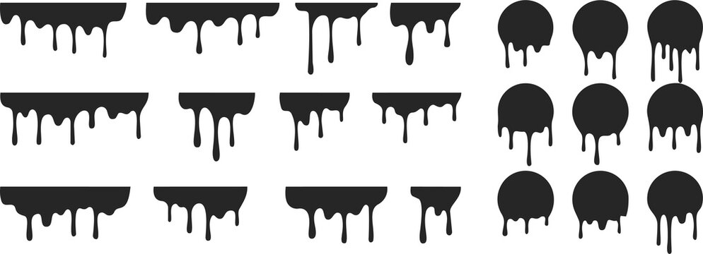 Collection of black paint drip shapes and liquid ink drops with ink drop