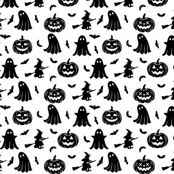 Seamless halloween pattern with pumpkins ghosts witches and bats