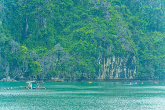Tourists kayaking through an oyster pearl farm and lush green limestone mountain in Ha Long Bay, Vietnam