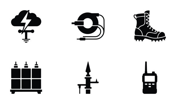 Industrial Safety Icons: Lightning Protection, Cable Reel, Work Boot, Transformer, Antenna, Radio
