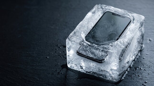 Smartphone Frozen in a Block of Ice on Dark Slate